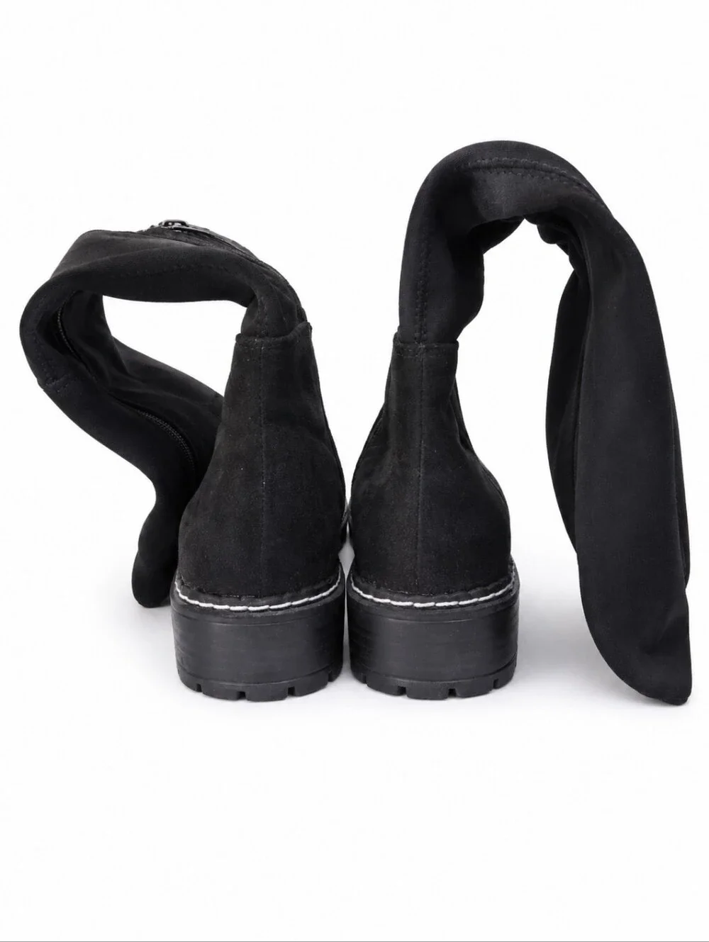 Esprit Black Suede Slouch Boots Lug Sole Zip Mid Calf Grunge Moto Y2K Size 6.5